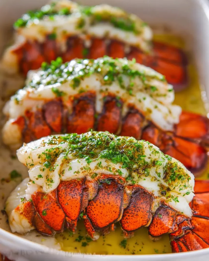 Oven baked lobster tails with melted herb butter and golden edges in a baking dish
