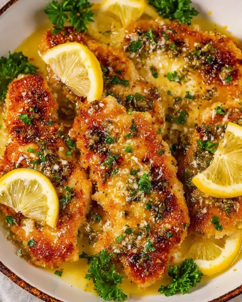 Crispy chicken cutlets served with lemon slices and fresh herbs in a creamy butter sauce