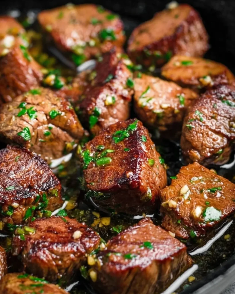 Close-up of seared beef cubes mixed with garlic, butter, and chopped parsley for a savory finish