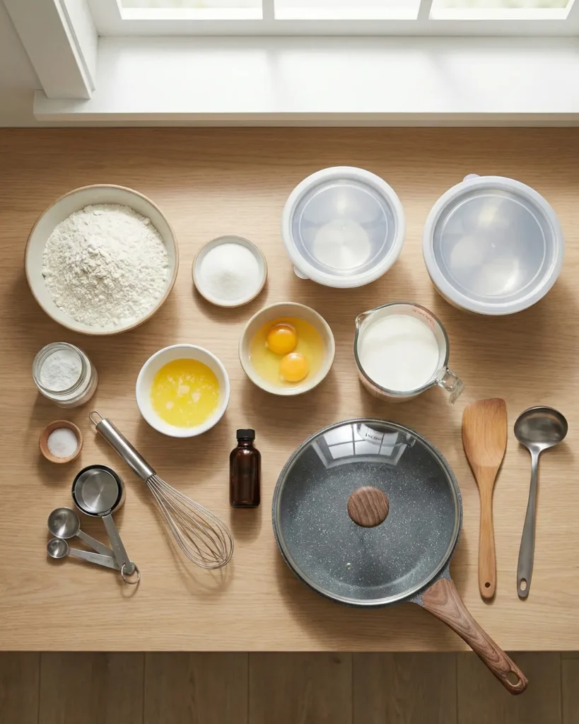 Measured flour, eggs, milk, whisk, pan, and kitchen tools arranged neatly on a wooden surface