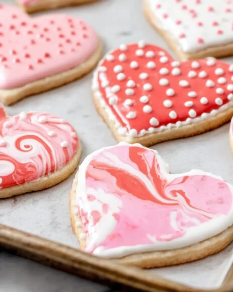 Heart shaped cookies featuring marbled and polka dot icing patterns in pink and red