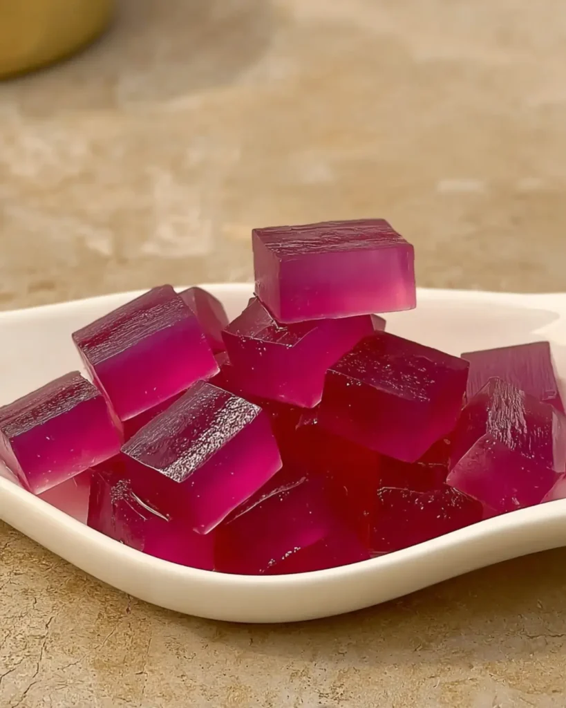 Pink gelatin cubes stacked on a white plate with a smooth glossy texture