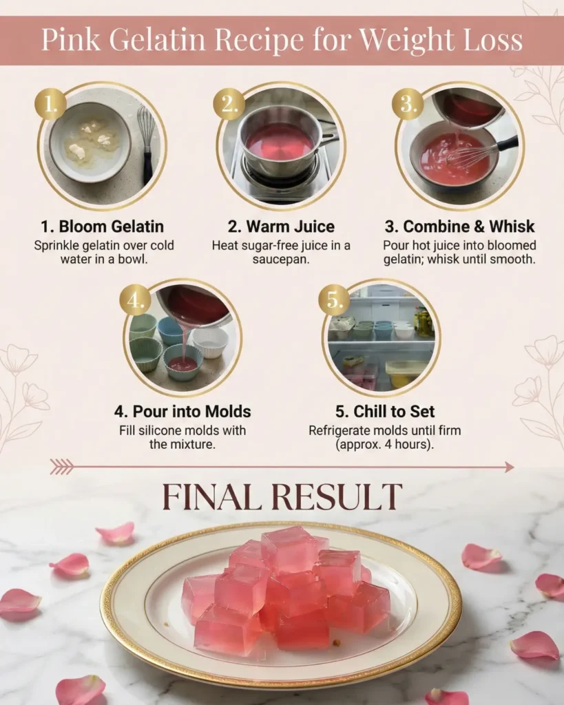 Step by step process showing how to prepare pink gelatin from blooming to chilling