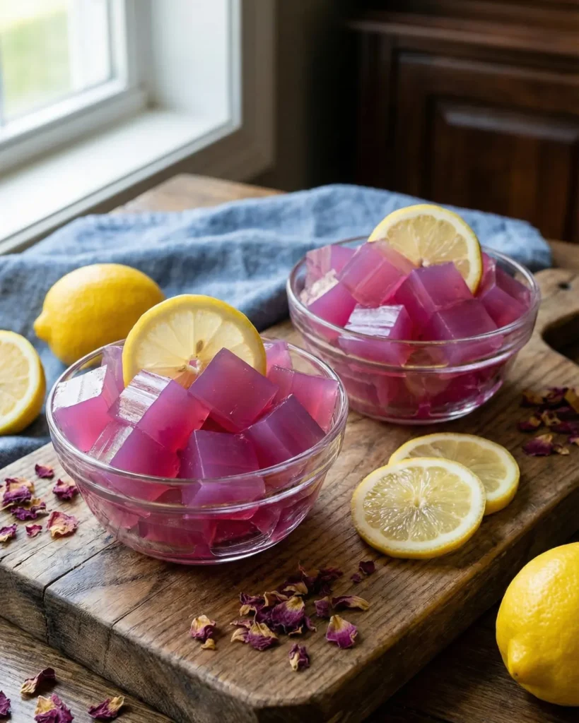 Pink gelatin cubes served in glass bowls with lemon slices on a wooden board