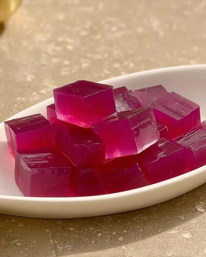 Homemade pink gelatin cubes served as a light dessert on a white plate