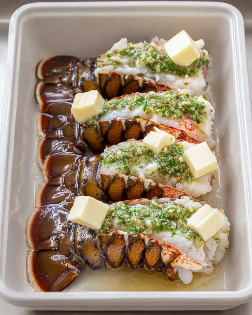 Raw lobster tails arranged in a white baking dish with herb mixture and butter cubes on top