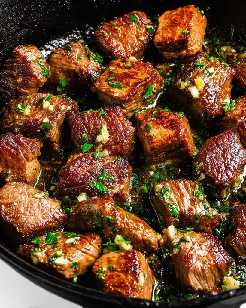 Searing tender beef cubes in a cast iron skillet for garlic butter steak bites recipe