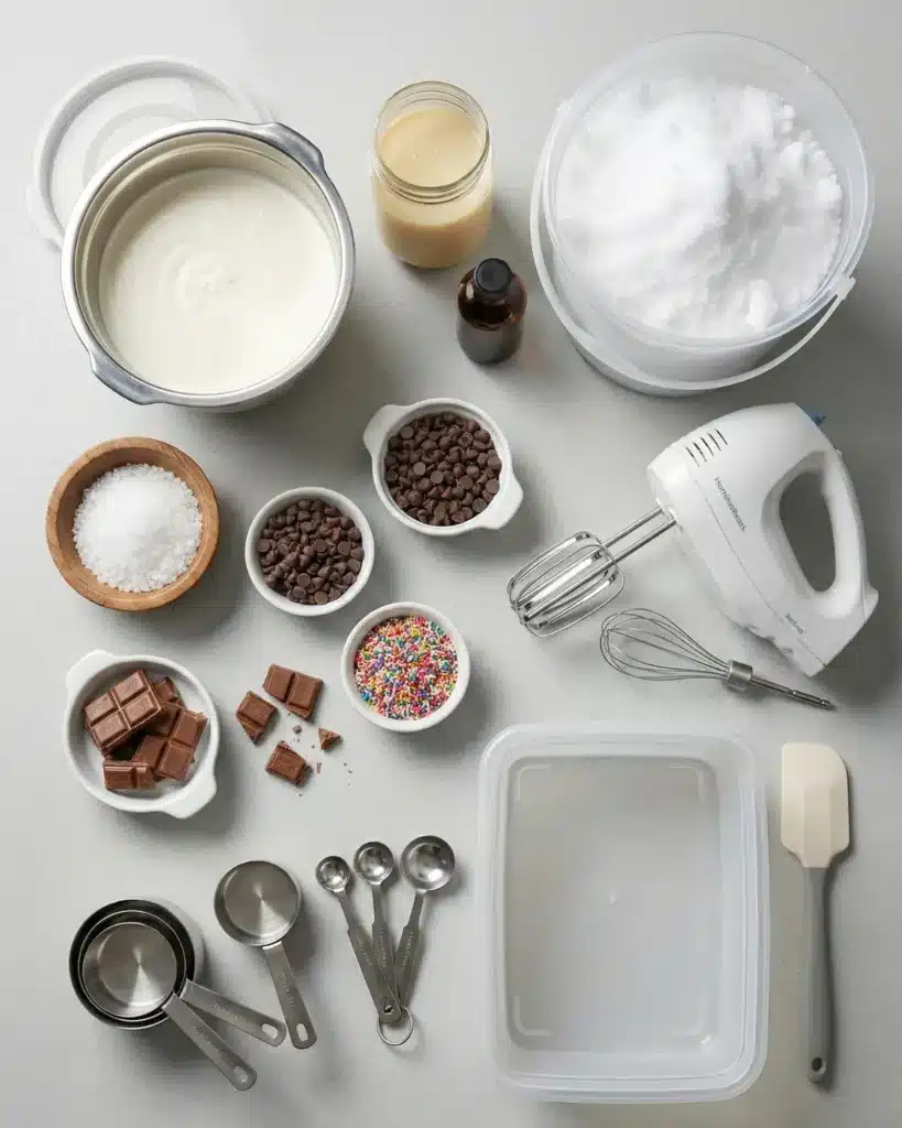 Ingredients and equipment arranged for making viral snow ice cream, including cream, condensed milk, snow, and measuring tools