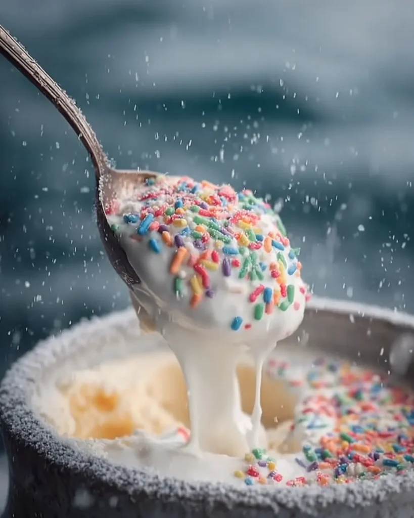 Spoon lifting creamy vanilla snow ice cream topped with colorful sprinkles from a metal bowl outdoors in winter