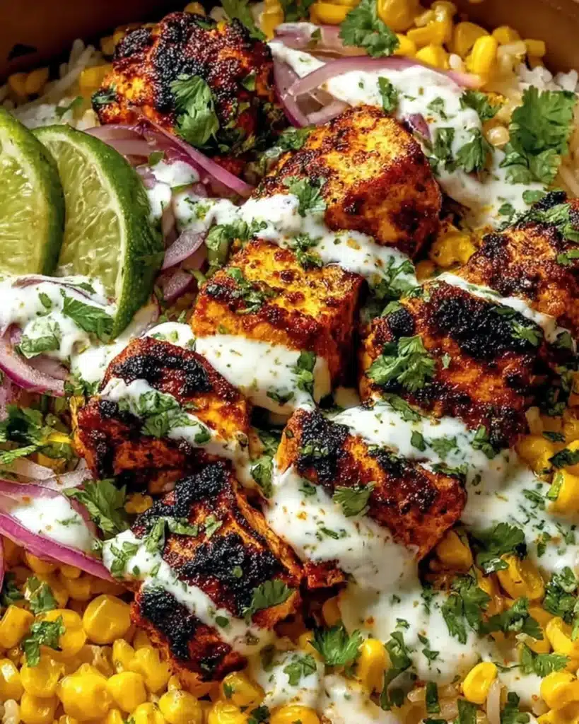 Close up of spicy chicken cubes with roasted corn, red onion and cilantro lime sauce