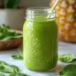 Glass jar filled with smooth spinach and mango drink placed on wooden surface