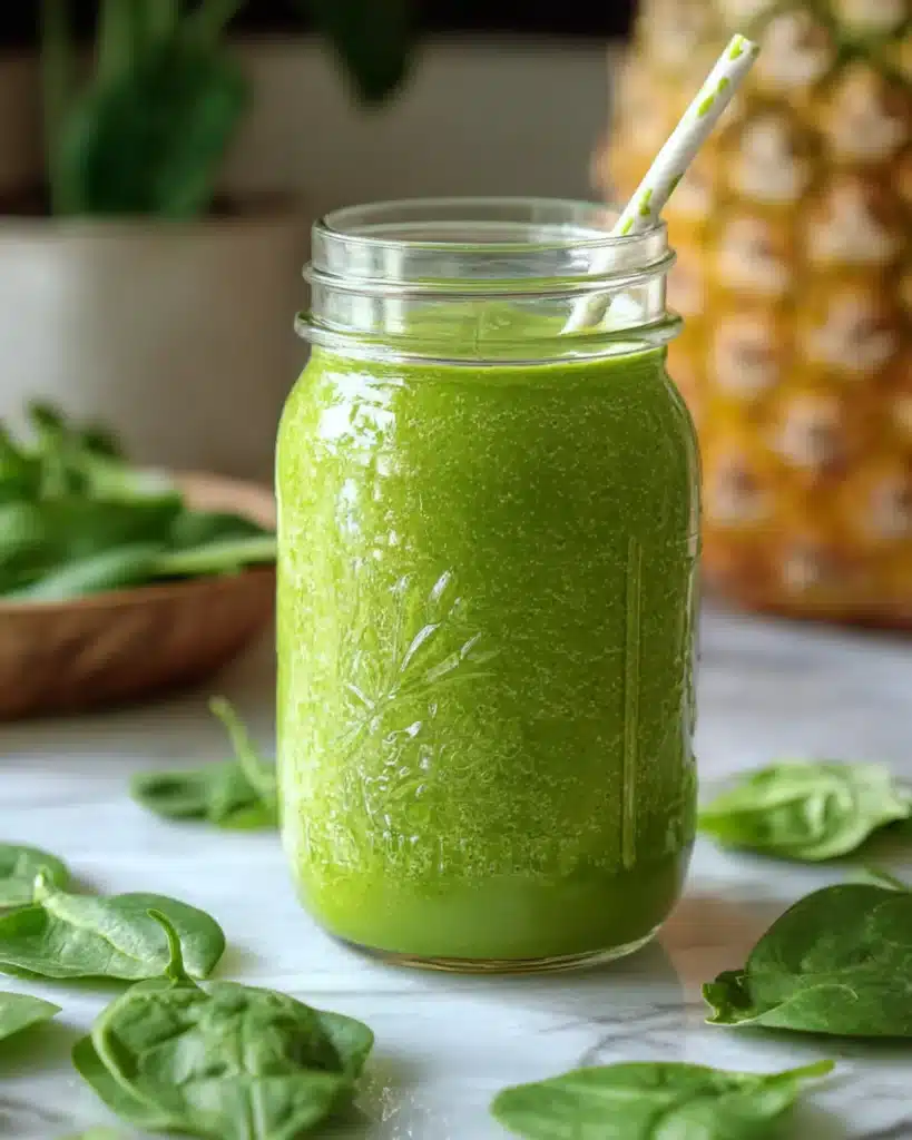 Glass jar filled with smooth spinach and mango drink placed on wooden surface