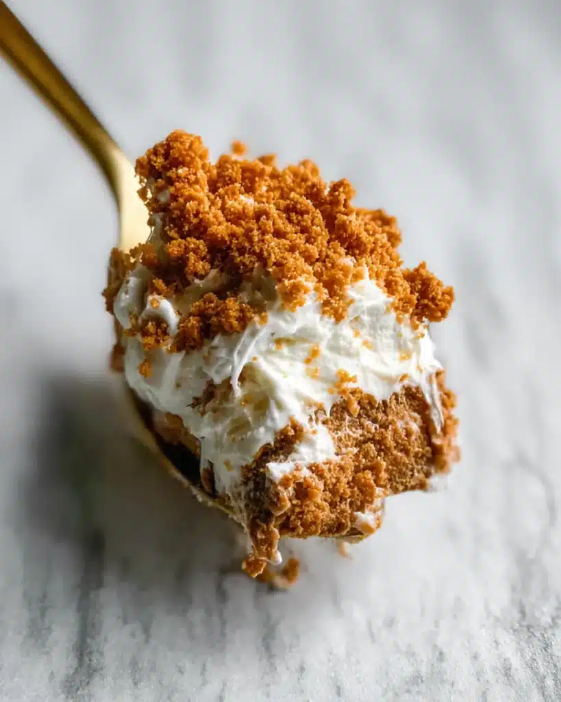 Golden spoon with a bite of yogurt and cookie layers, showing the creamy and crunchy textures of the Japanese yogurt cheesecake hack.