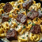 Close view of creamy tortellini with seared beef chunks and cracked pepper in rich sauce