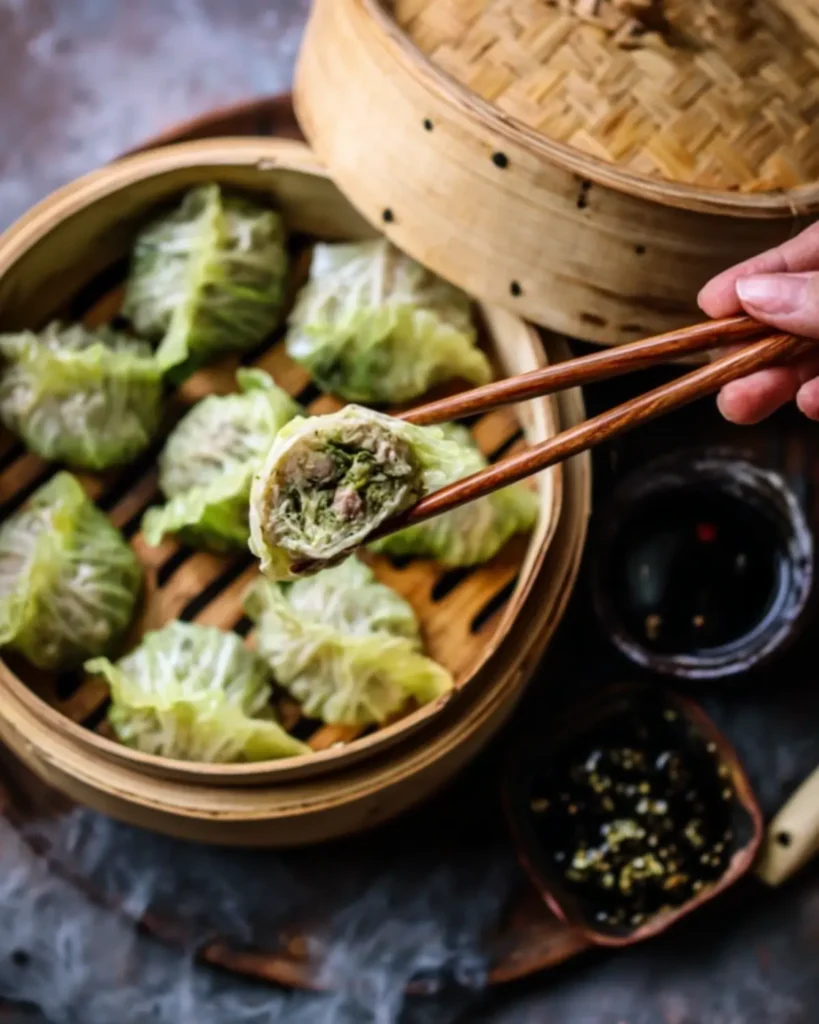 Steamed cabbage dumplings served in a bamboo steamer with soy dipping sauce