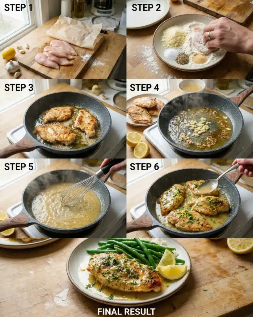 Step by step lemon chicken preparation showing sliced chicken breasts, dredging, pan searing, sauce making, and final plated dish