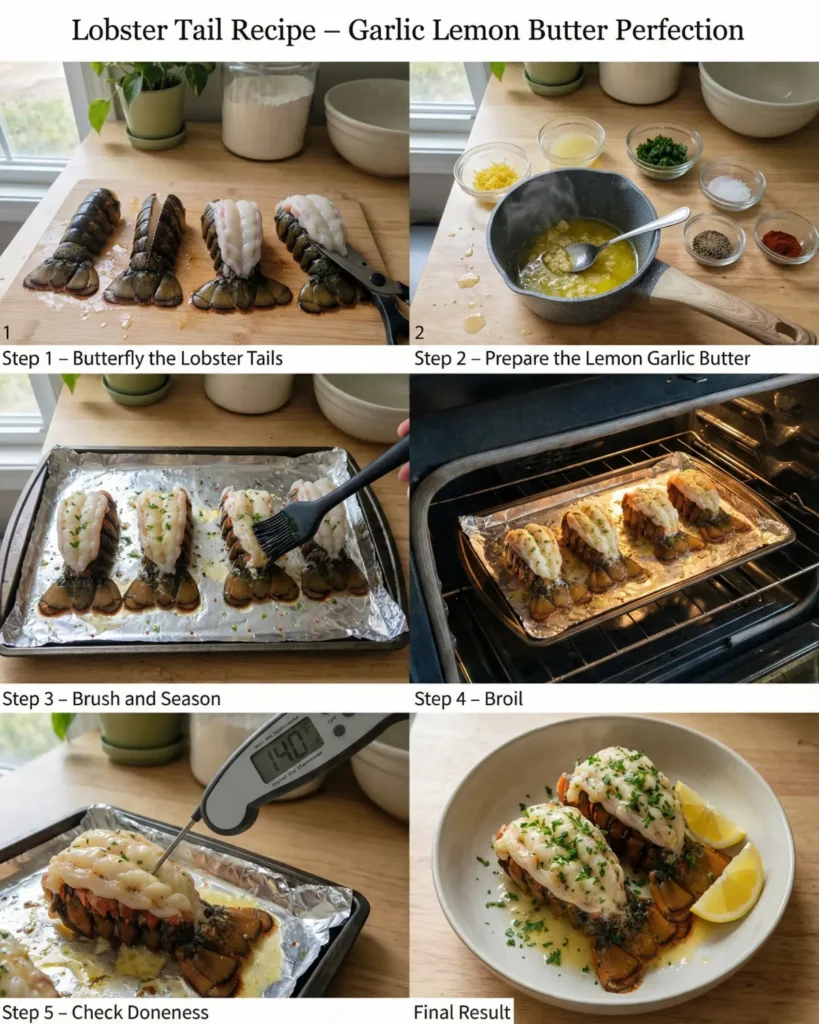 Step by step cooking process showing butterflying seasoning broiling and serving lobster tails