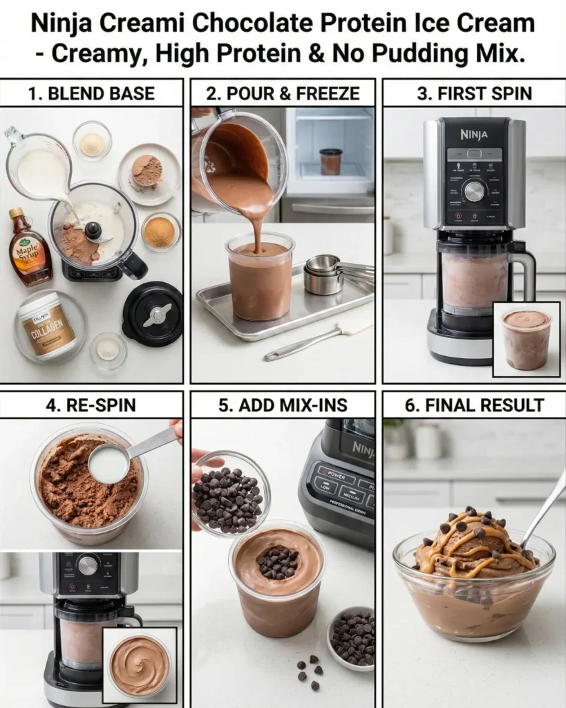 Step by step guide for making ninja creami chocolate protein ice cream from blending to final scoop.