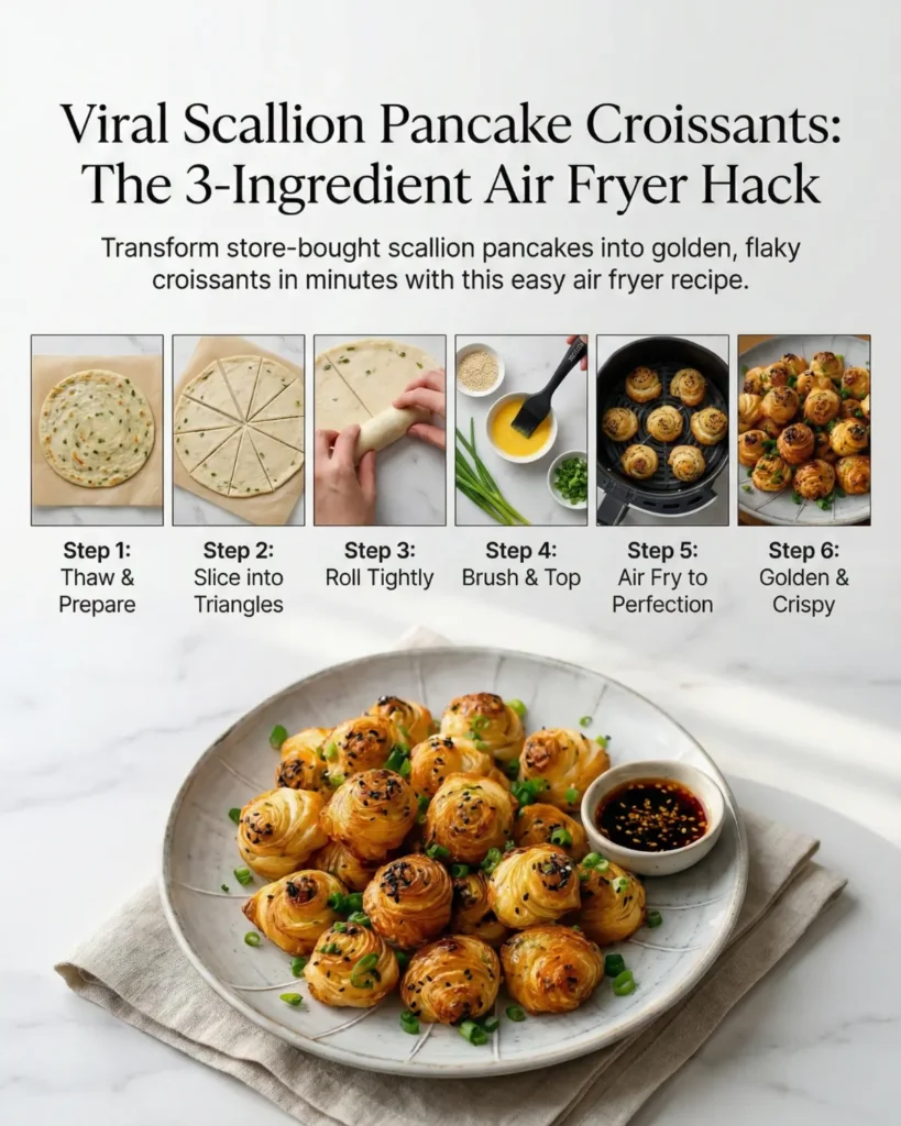 Step-by-step guide showing how to make scallion pancake croissants using an air fryer with rolling, brushing, and baking steps