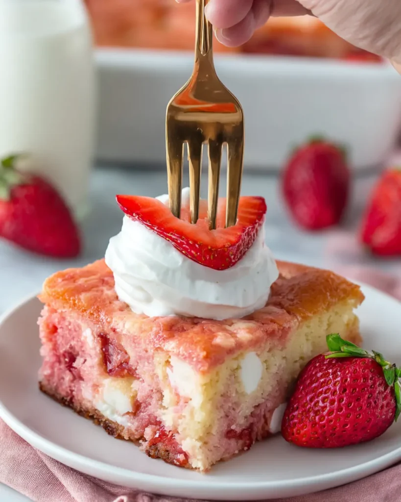 Fork pressing into whipped cream topped strawberry cake square