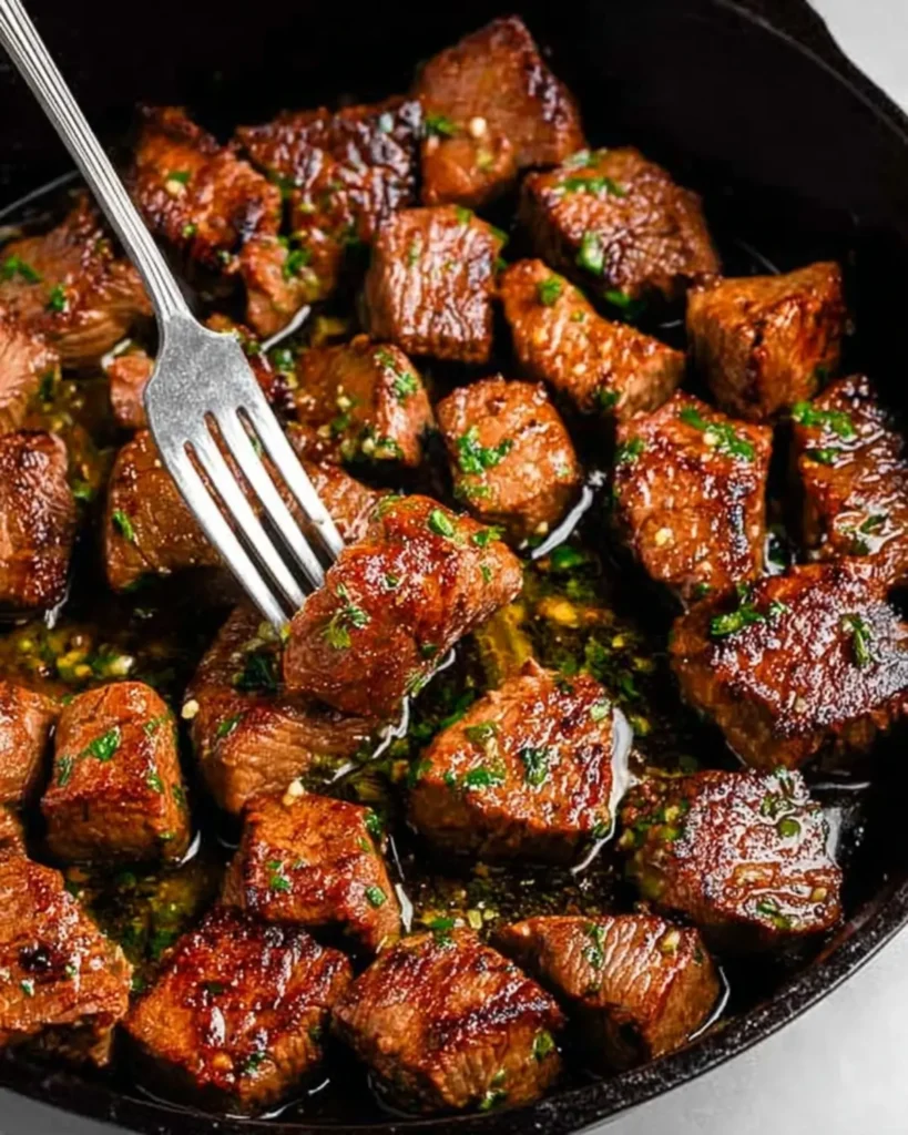 A fork lifting a tender garlic butter steak bite above the skillet with herbs and sauce