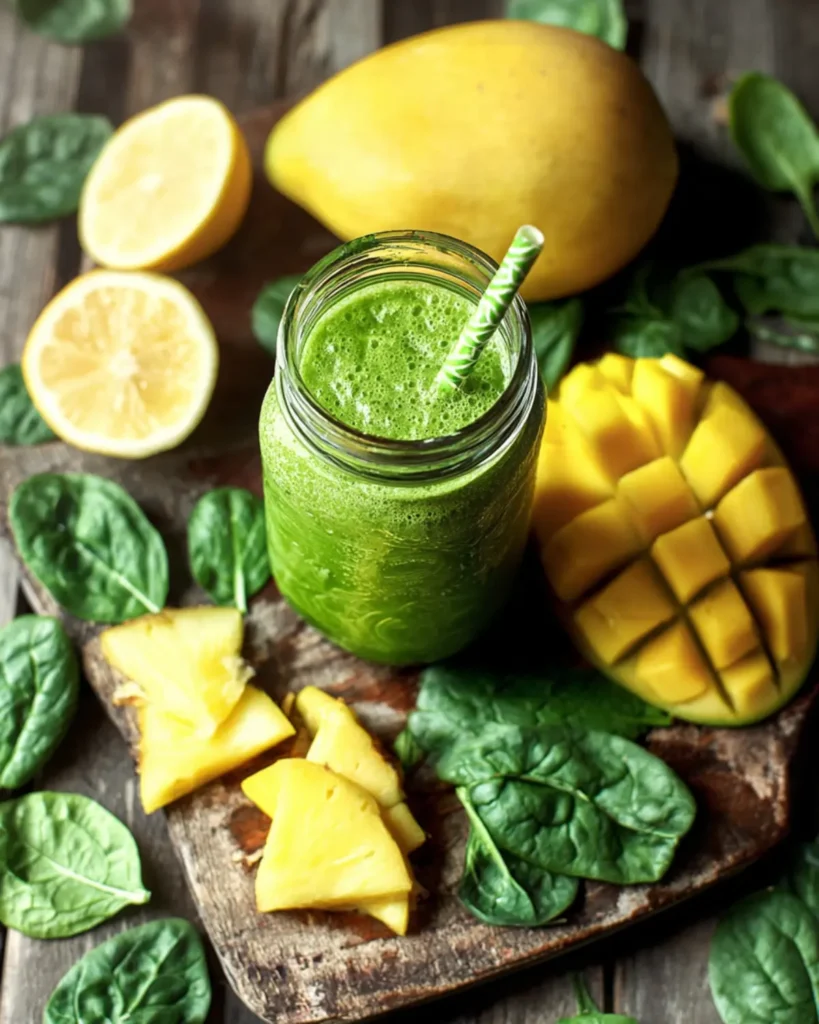 Mason jar filled with thick spinach smoothie placed on a rustic wooden board with pineapple chunks and mango slices
