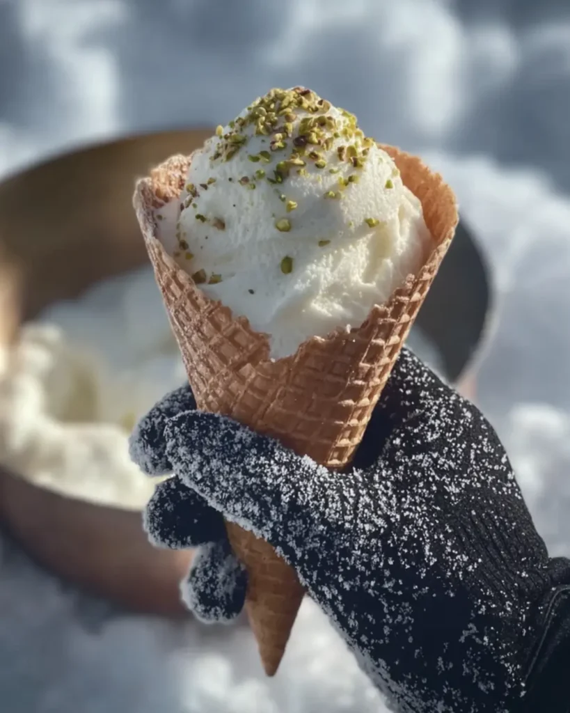 Gloved hand holding a waffle cone filled with creamy snow ice cream topped with crushed pistachios