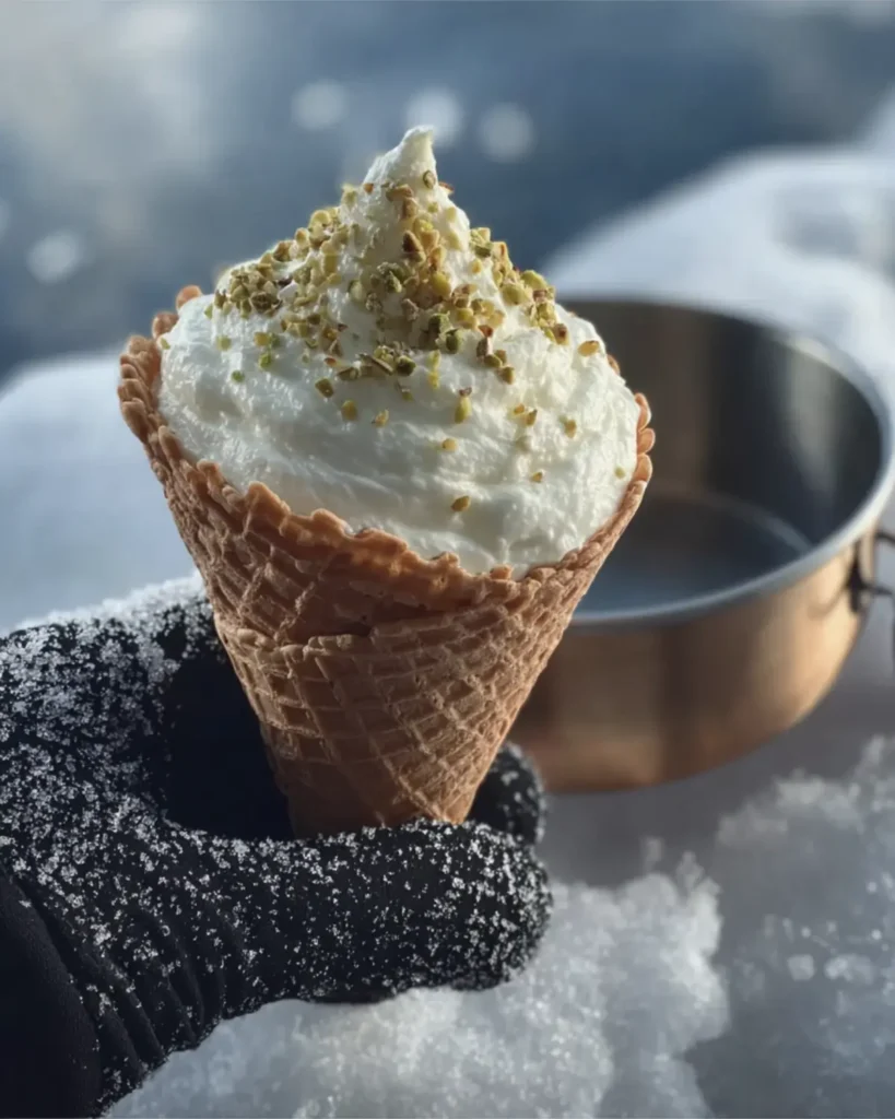 Black-gloved hand holding waffle cone of snow ice cream beside copper bowl resting on fresh snow