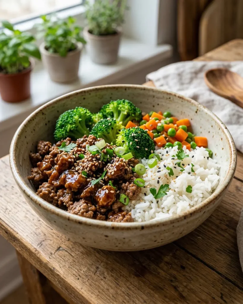 Bowl with rice, glazed beef, broccoli, carrots, peas, and green onion garnish in natural light