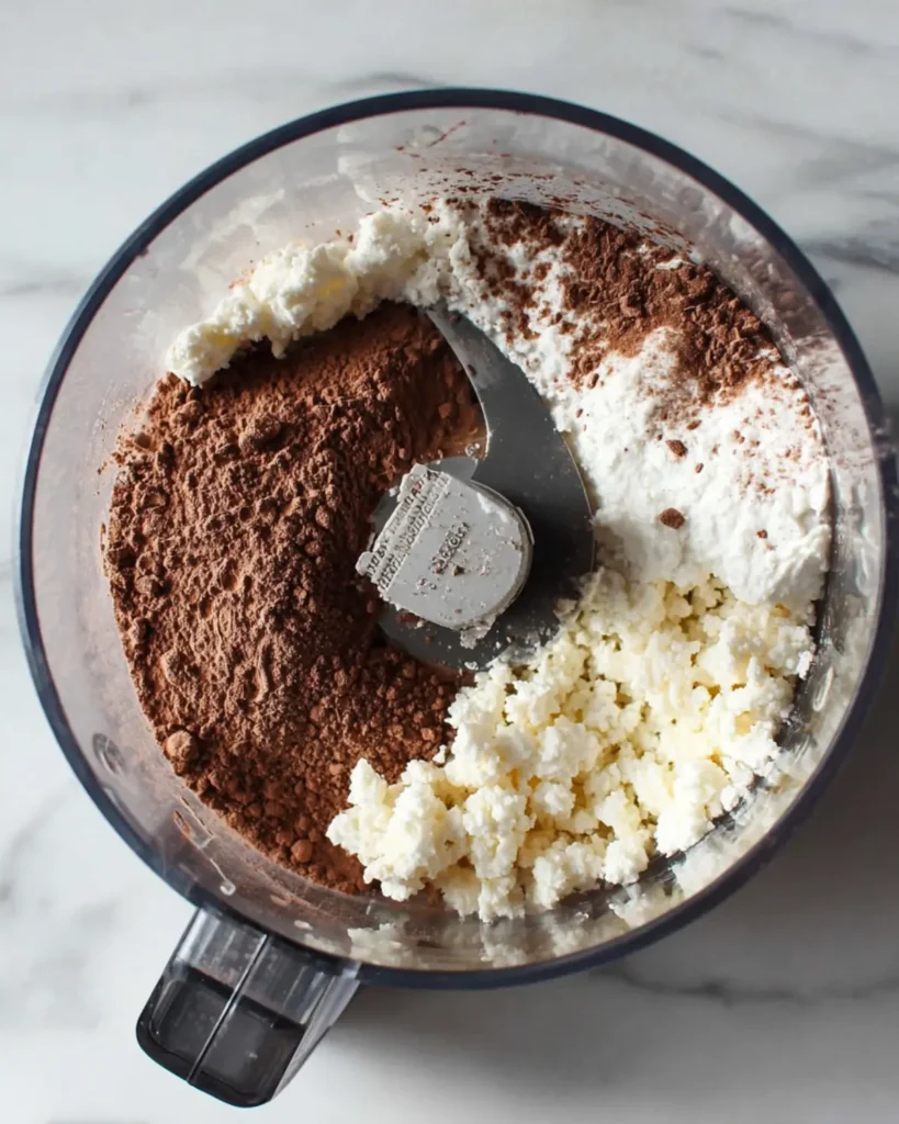 Cottage cheese, cocoa powder, maple syrup and vanilla blended in a food processor for chocolate mousse