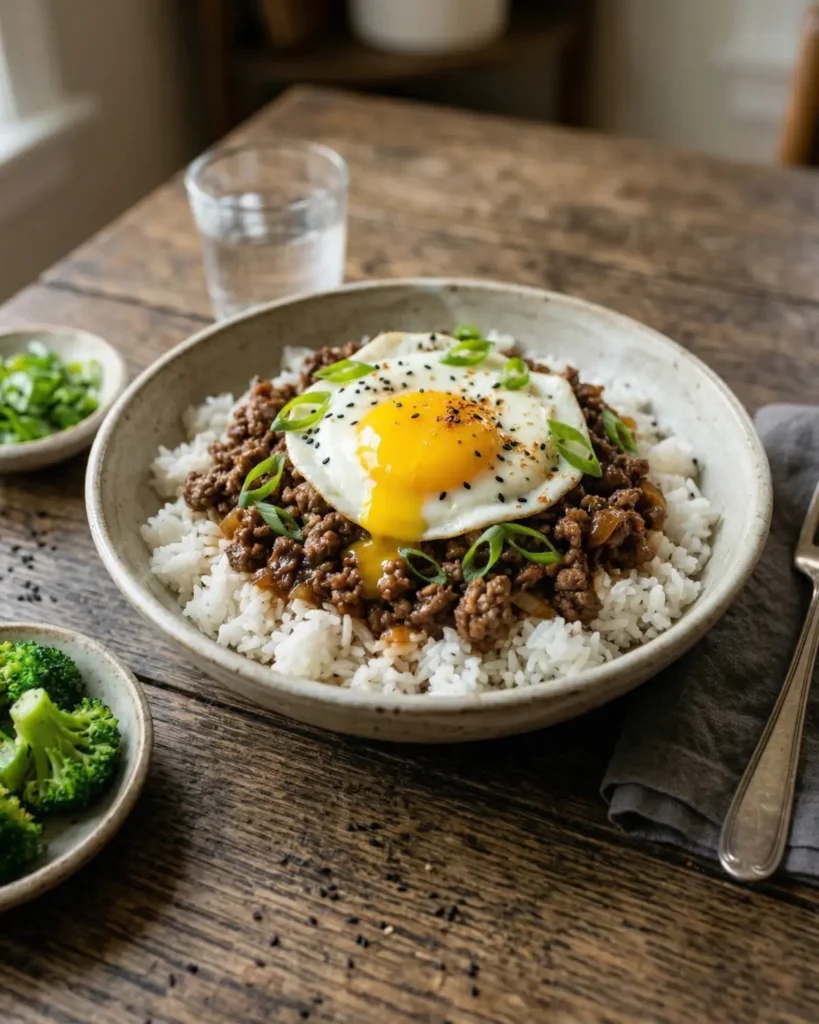 Boy Kibble Bowl : Rice bowl with ground beef and a fried egg with a runny yolk topped with sesame seeds and green onions