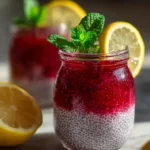 Chia jello weight loss recipe in a glass jar layered with white chia base and ruby red gelatin topping