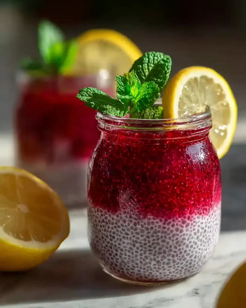 Chia jello weight loss recipe in a glass jar layered with white chia base and ruby red gelatin topping
