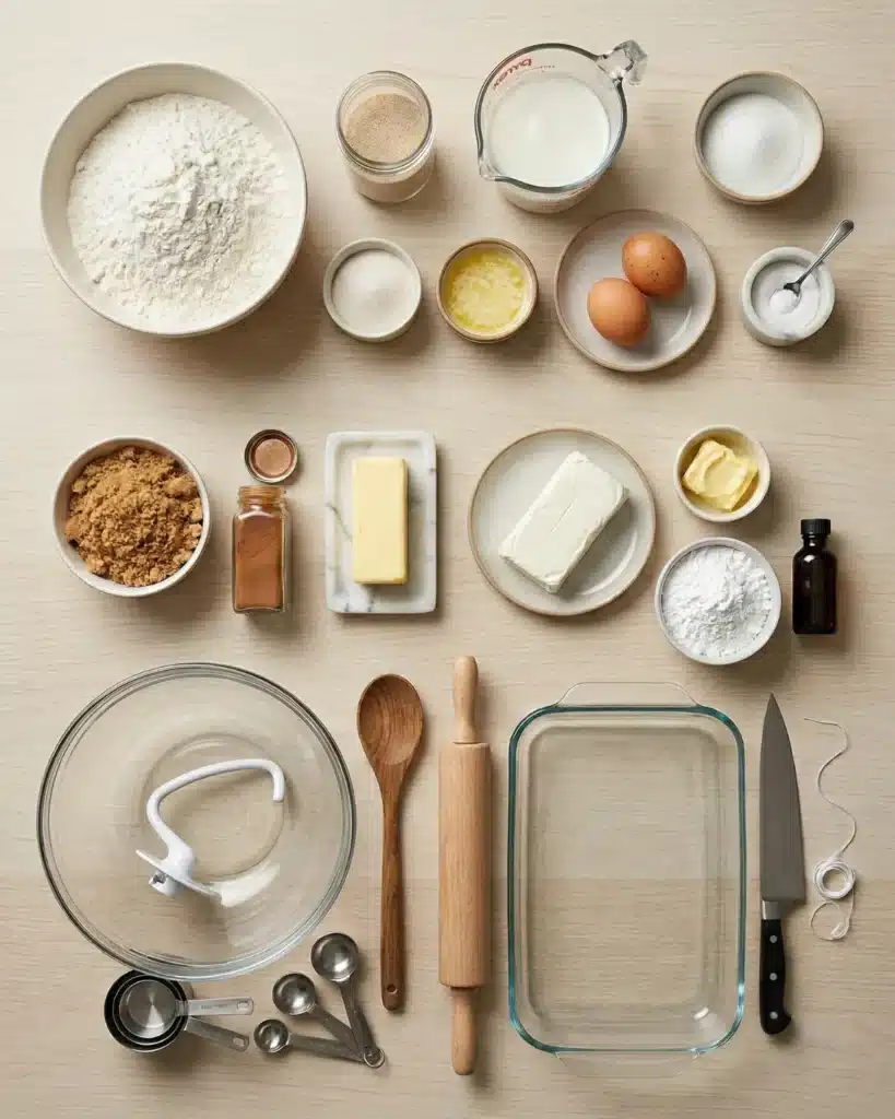 Ingredients and baking tools arranged neatly for preparing sweet breakfast rolls