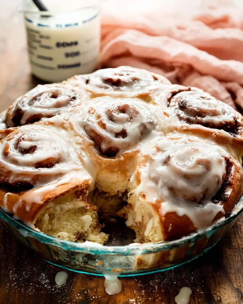 Freshly baked cinnamon roll recipe in a glass pie dish topped with thick cream cheese icing