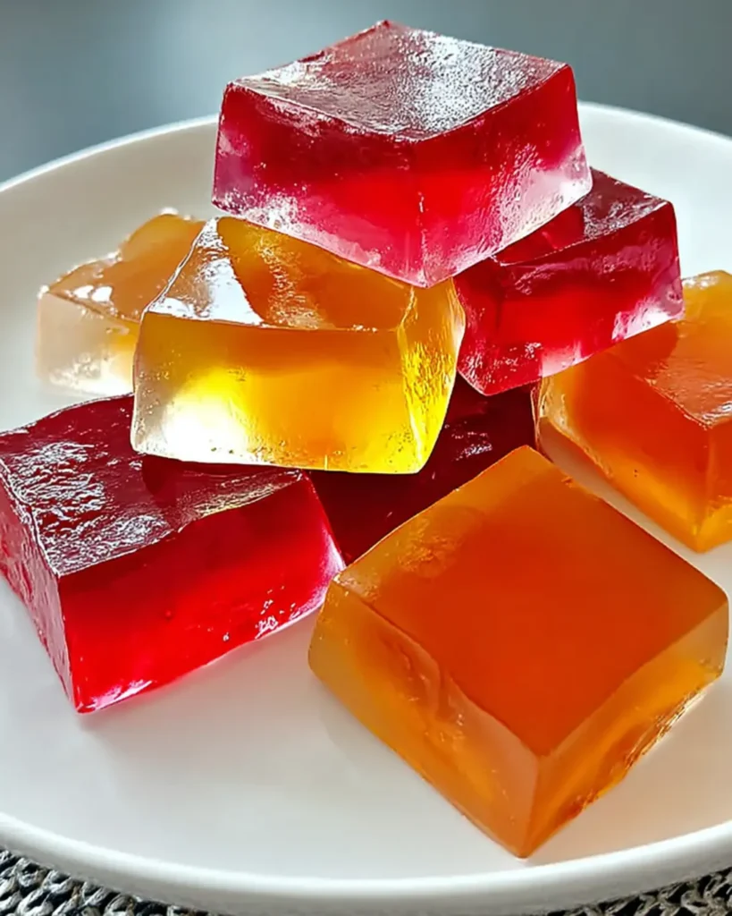 Red and orange translucent gelatin cubes stacked neatly on a white plate