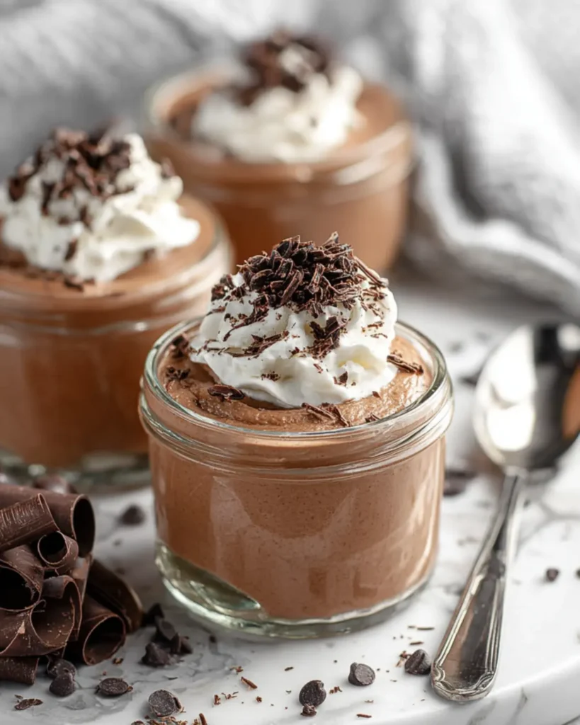 Small glass jars filled with creamy chocolate mousse topped with whipped cream and chocolate curls
