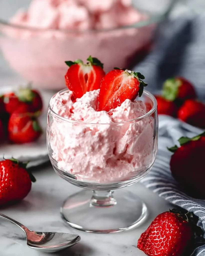 Fluffy fruit and cottage cheese dessert in a clear serving glass with fresh strawberries