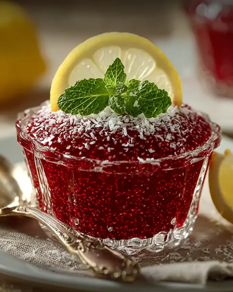 Red chia gelatin dessert in a crystal glass bowl topped with shredded coconut, mint, and a lemon slice