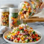 Close up view of a freshly made dense bean salad in a white bowl