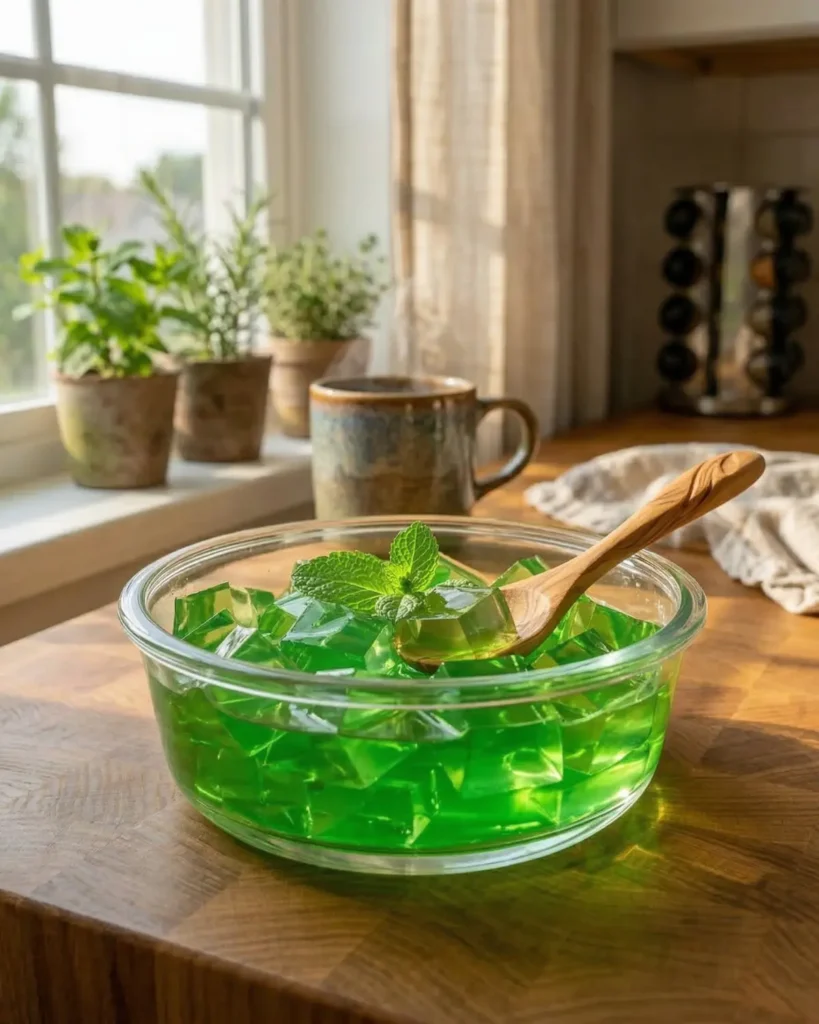 Bowl of bright green Mounjaro Gelatin cubes with mint garnish and wooden spoon on a sunlit wooden kitchen table