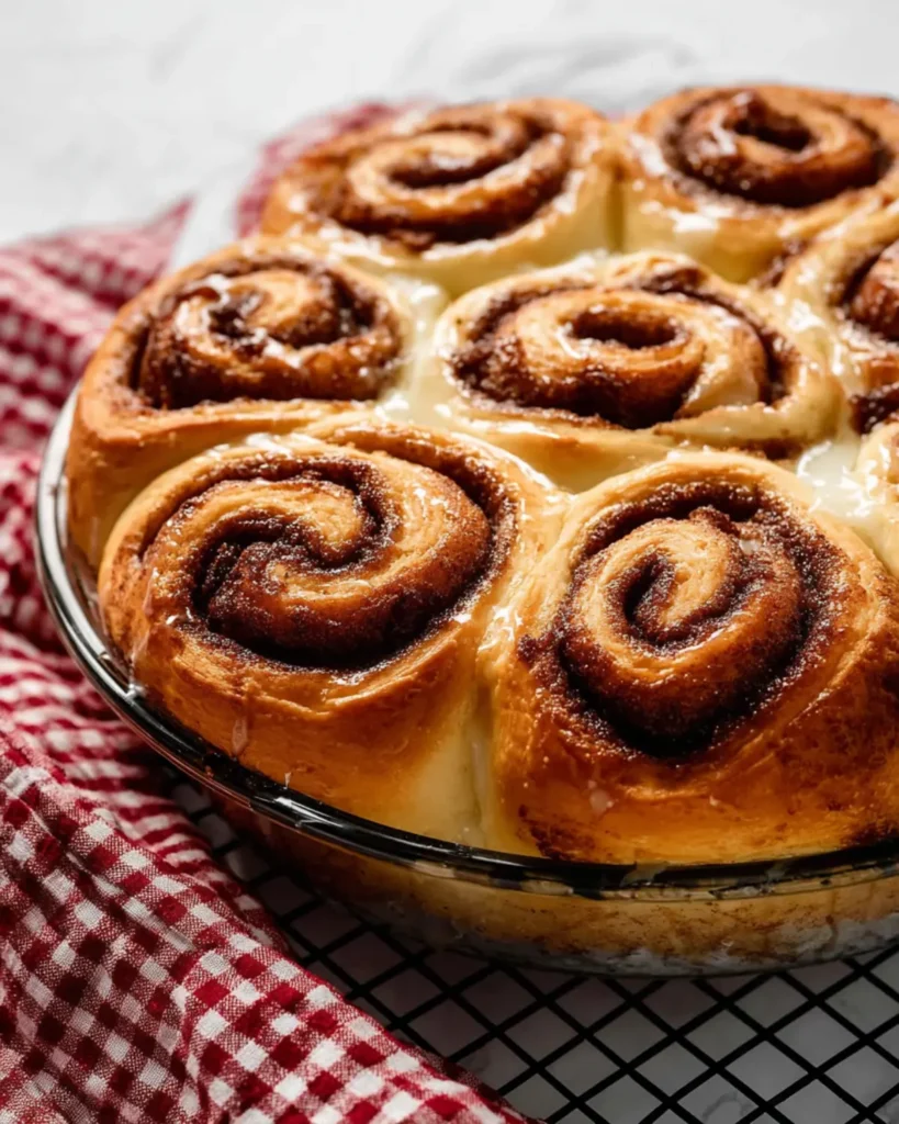 Golden brown swirled rolls baked together in a round glass pan