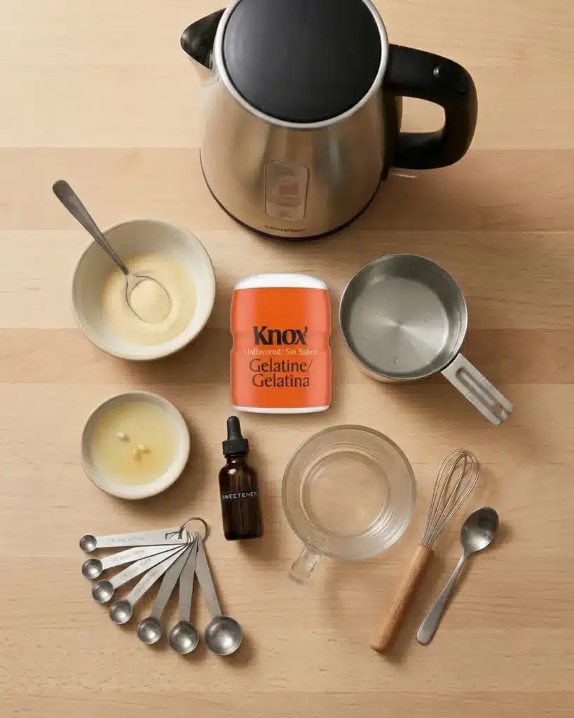 Flat lay of unflavored gelatin powder, kettle, measuring spoons, and glass mug on wooden table