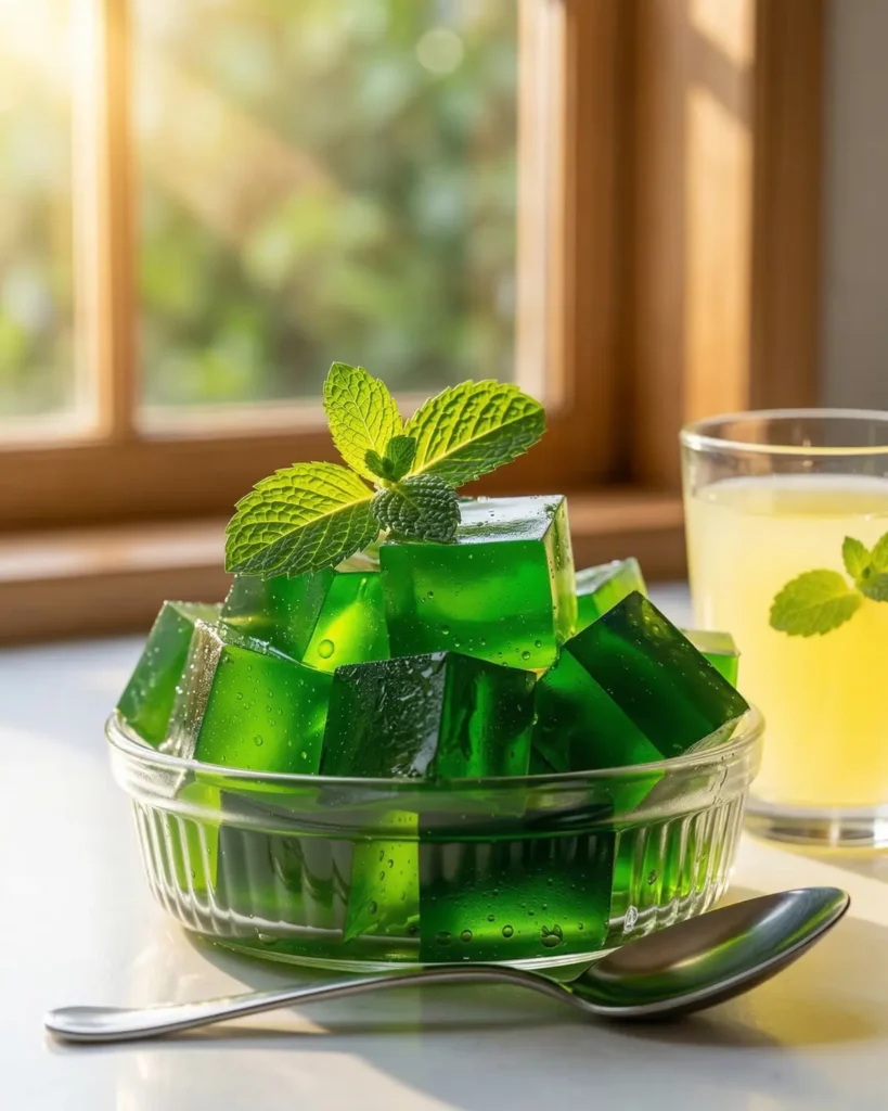 Green gelatin dessert in a clear dish topped with mint and lemon slice on a wooden table