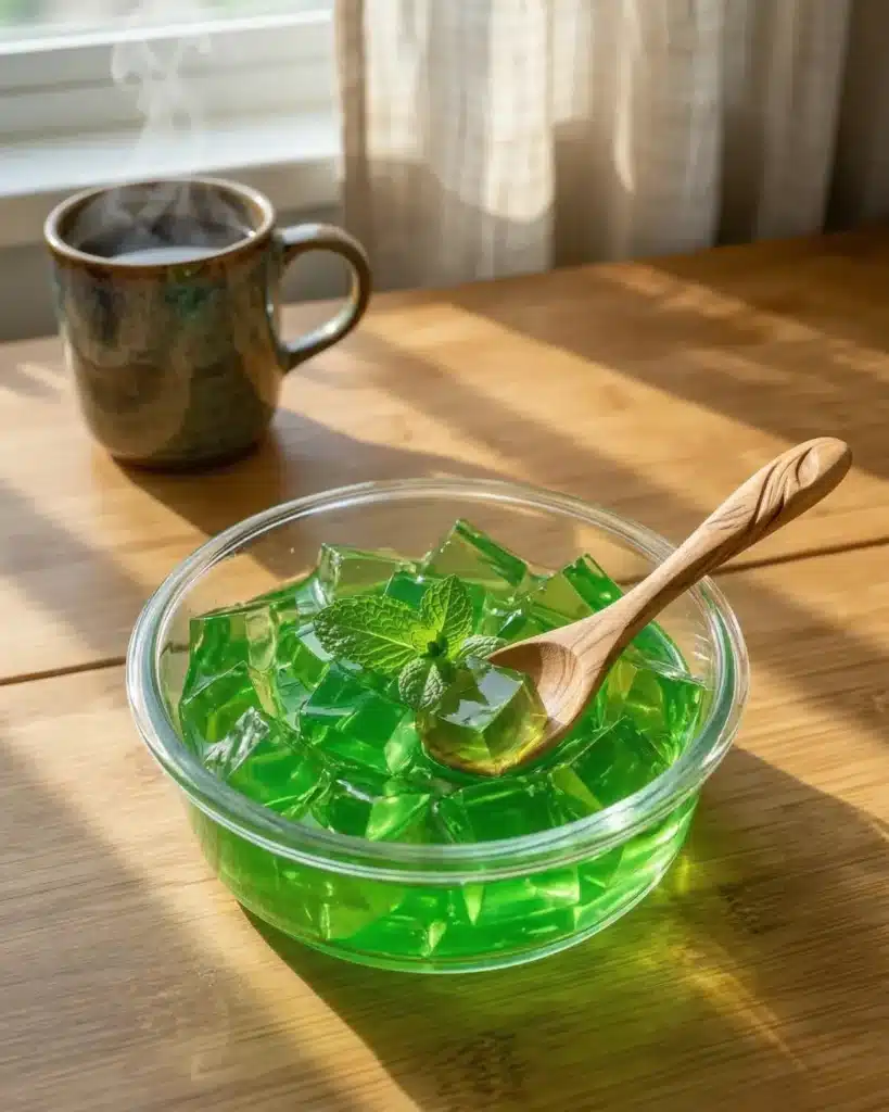 Green gelatin cubes stacked in a glass bowl with mint garnish next to a lemon drink and spoon