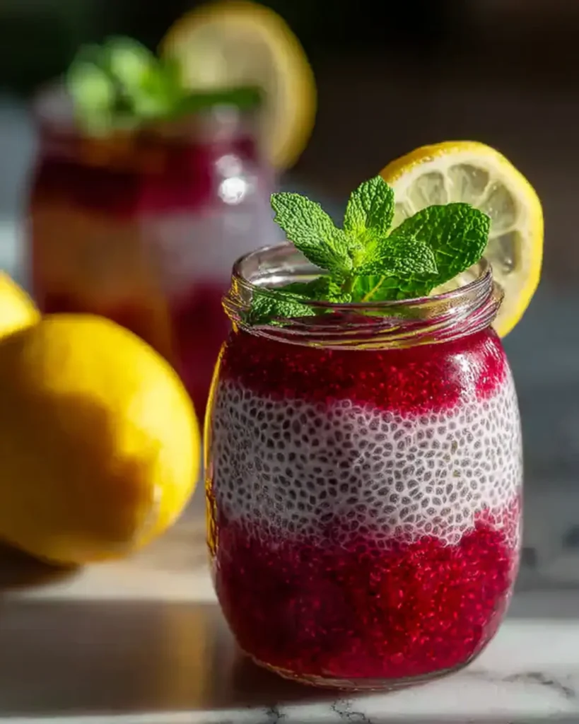 Glass jar with layered chia pudding and red gelatin topped with fresh mint and lemon slice