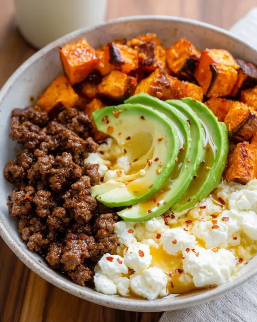 Overhead view of protein packed beef bowl with cottage cheese, roasted sweet potatoes and sliced avocado