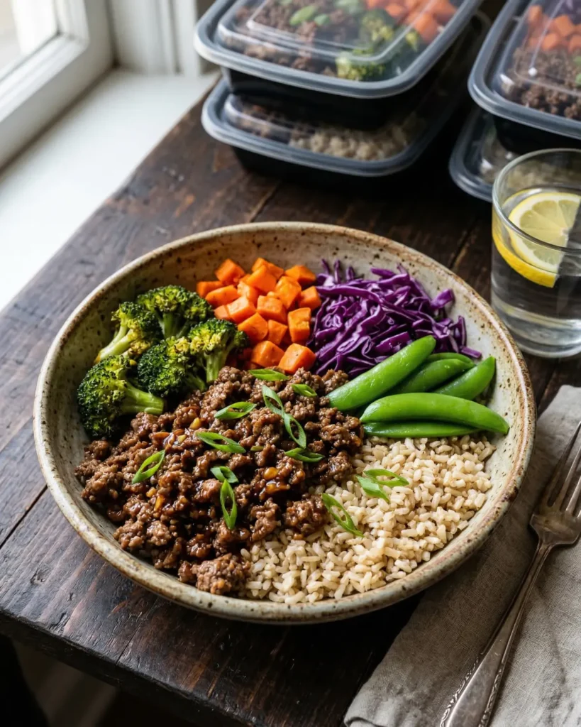 Meal prep bowl with ground beef, brown rice, broccoli, carrots, cabbage, and snap peas on a wooden table