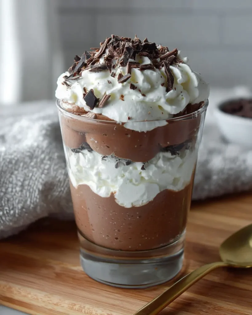 High protein cottage cheese chocolate mousse layered in a clear glass topped with whipped cream and chocolate shavings