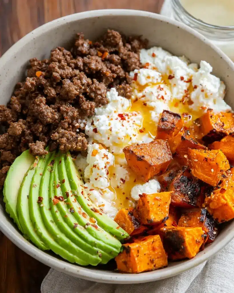 Close up of a finished Hot Honey Beef Bowls topped with avocado, roasted sweet potatoes and cottage cheese
